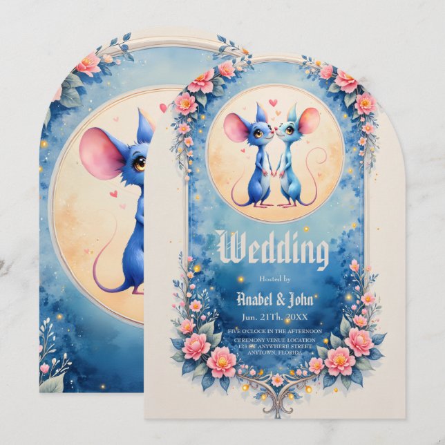 Convite Two Hearts, One Love – Wedding Mice.  (Frente/Verso)