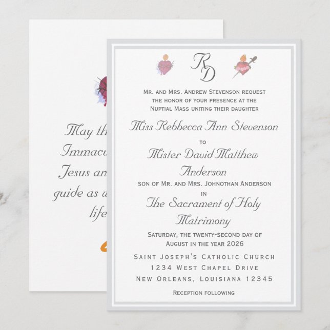 Convite Two Hearts Silver Catholic Wedding Invitation (Frente/Verso)