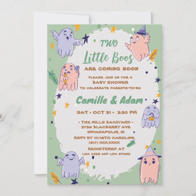 Convite Two little boos boy, girl halloween baby shower (Frente)