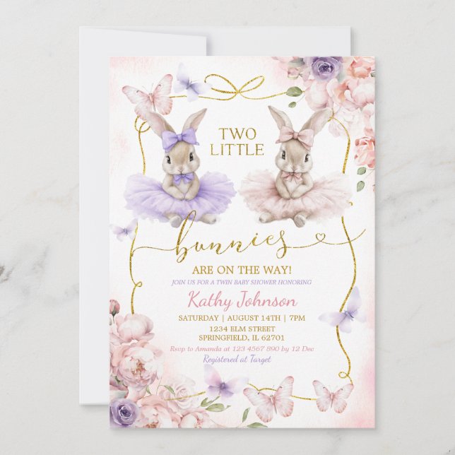 Convite Two Little Bunnies Twins Floral Girl Baby Shower (Frente)