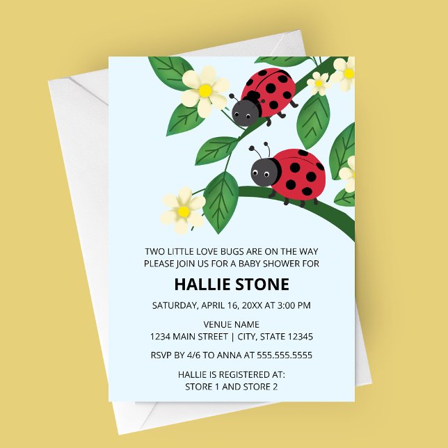 Convite Two Little Love Bugs Ladybug Baby Shower (Two Little Love Bugs Ladybug Baby Shower Invite | Floral Garden Twin Shower Invitation)