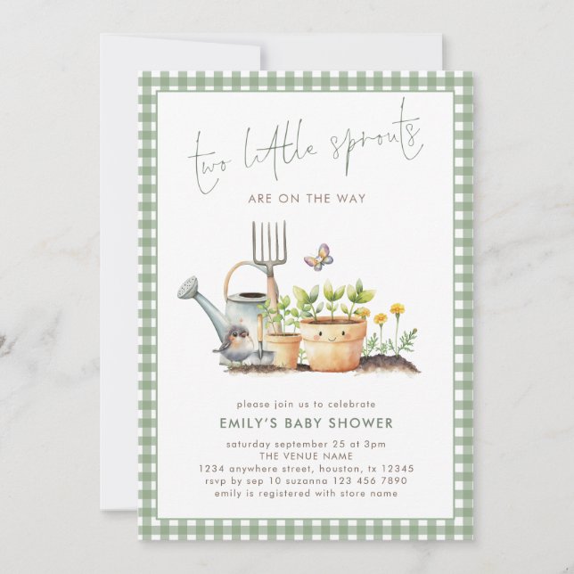 Convite Two Little Sprouts Twins Sage Gingham Baby Shower  (Frente)
