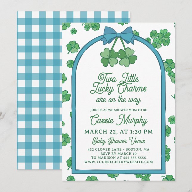 Convite Two Lucky Charms Clovers Boy Twins Baby Shower (Frente/Verso)