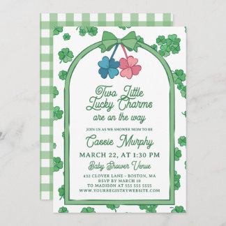 Convite Two Lucky Charms Clovers Girl Boy Twin Baby Shower