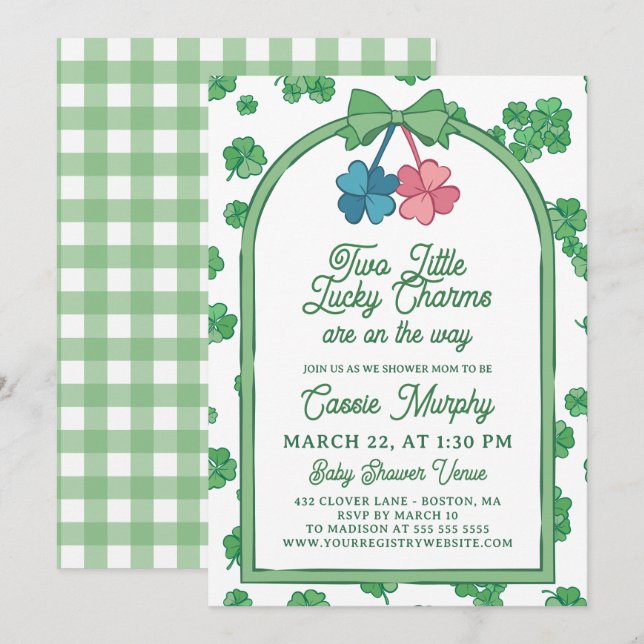 Convite Two Lucky Charms Clovers Girl Boy Twin Baby Shower (Frente/Verso)