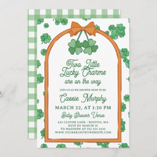Convite Two Lucky Charms Clovers Neutral Twin Baby Shower