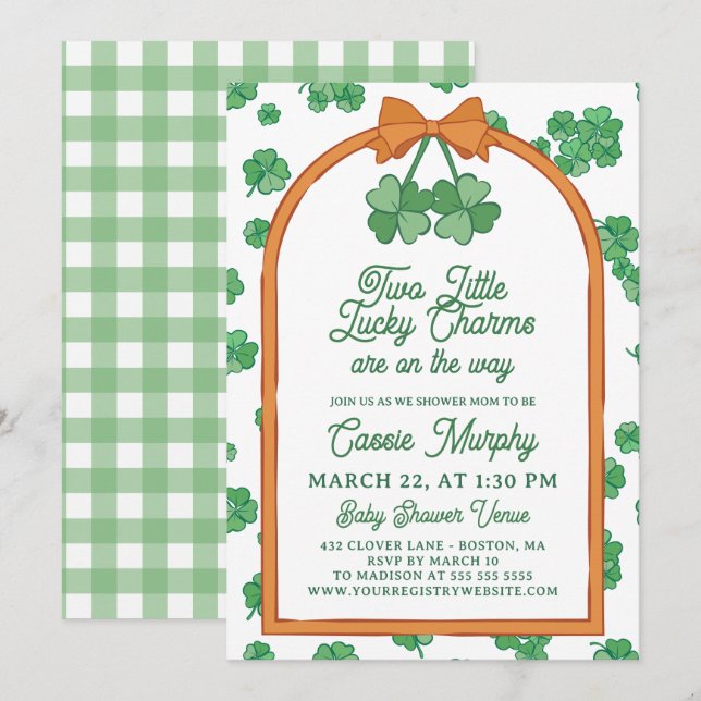 Convite Two Lucky Charms Clovers Neutral Twin Baby Shower (Frente/Verso)
