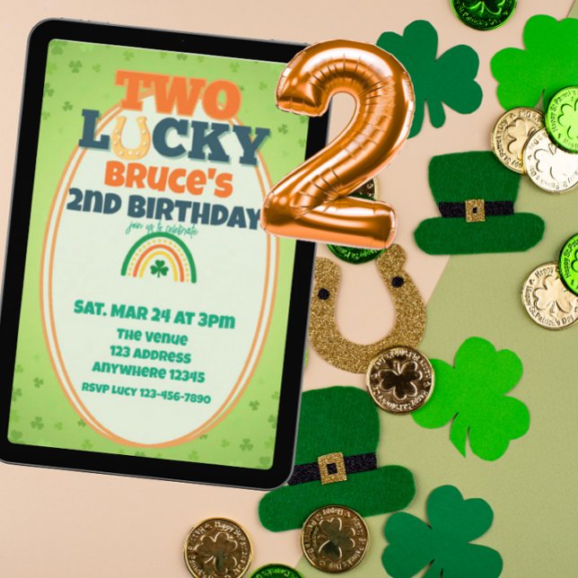 Convite Two Lucky Orange Shamrock Rainbow 2nd Birthday  (Criador carregado)
