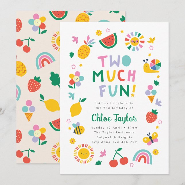 Convite Two Much Fun Invite, Girls Second Birthday  (Frente/Verso)