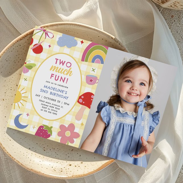 Convite Two Much Fun Retro Hand Drawn 2nd Birthday Photo (Criador carregado)