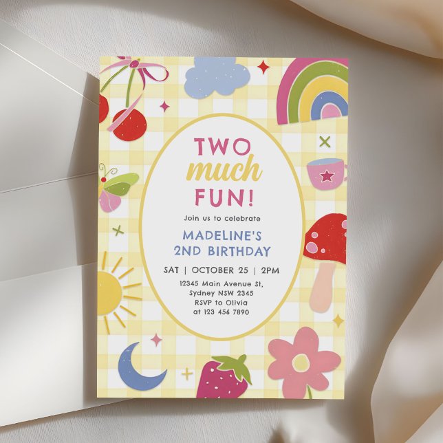 Convite Two Much Fun Retro Hand Drawn Quirky 2nd Birthday (Criador carregado)