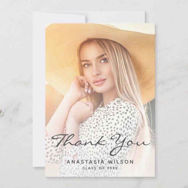 Convite Two-Photo Gray Script Graduation Thank You Card (Frente)