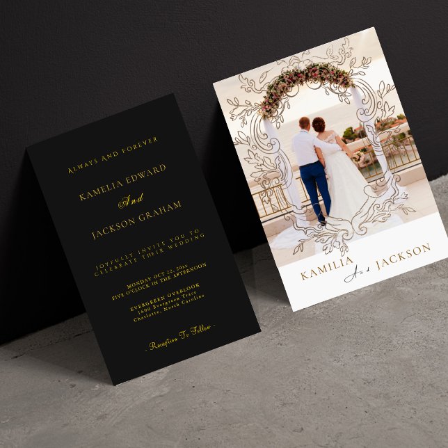 Convite Two-Piece Rose Gold Black Back Minimalist Wedding  (Black And Gold)