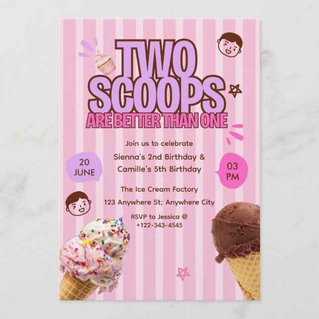 Convite Two Scoops are Better Than One Ice Cream Birthday  (Frente)