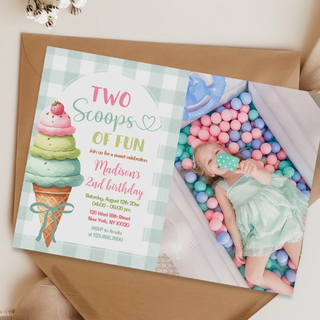 Convite Two Scoops Of Fun Ice Cream Bow 2nd Birthday Photo (Criador carregado)