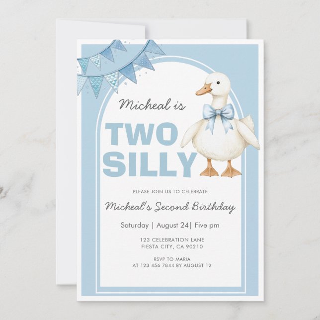 Convite Two Silly Goose Blue Boy Second Birthday (Frente)