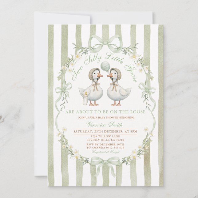 Convite Two Silly Little Geese Baby Shower Twin Neutral (Frente)