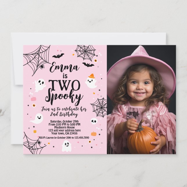 Convite Two Spooky Pink Halloween Invite with Photo (Frente)
