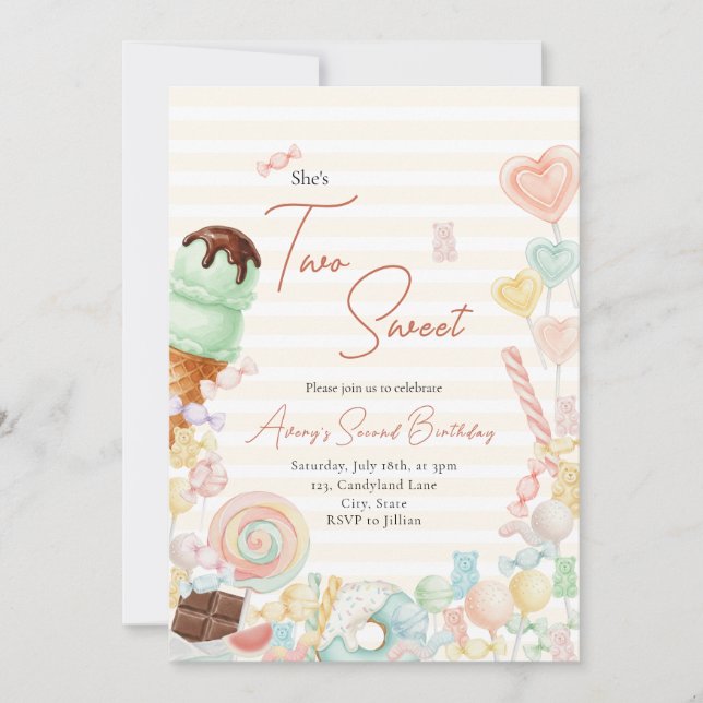 Convite Two Sweet Birthday Invite Yellow Stripe (Frente)