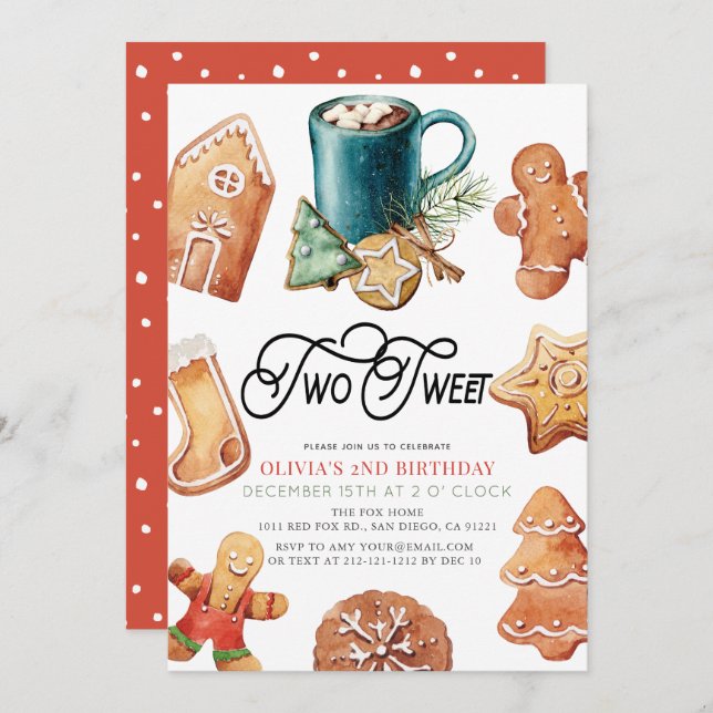 Convite Two Sweet Christmas Cookies & Cocoa 2nd Birthday (Frente/Verso)