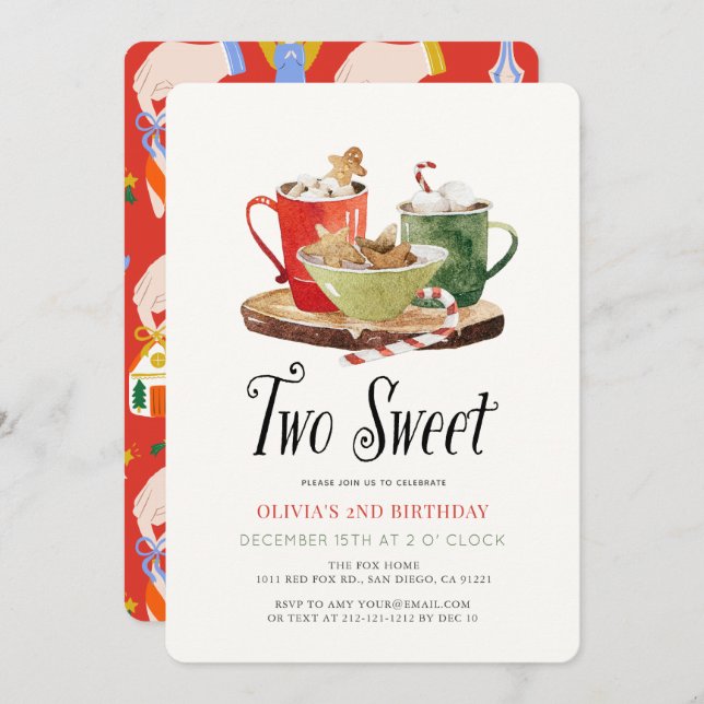 Convite Two Sweet Christmas Cookies Cocoa Mug 2nd Birthday (Frente/Verso)