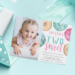 Convite Two Sweet | Donut 2nd Birthday Party Photo<br><div class="desc">Cute second birthday party invitations feature "[name] is two sweet" with your party details beneath,  surrounded by watercolor donut illustrations in neutrals,  pink,  and purple. Add a photo of the birthday girl to complete this sweet and whimsical design.</div>