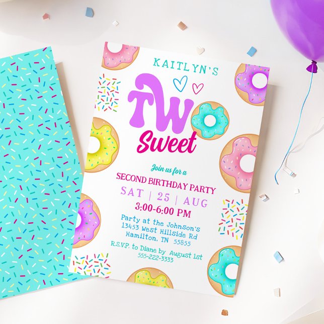 Convite Two Sweet Sprinkle Doughnut Second Birthday Party (Two Sweet Sprinkle Doughnut Second Birthday Party Invitation)