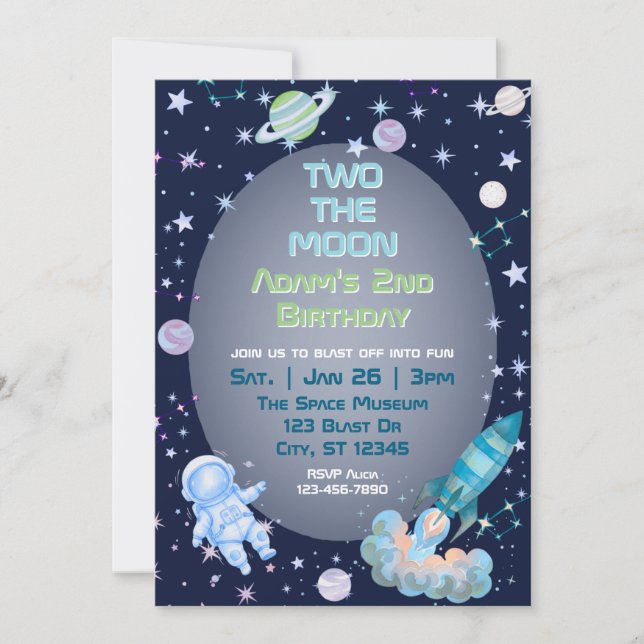 Convite Two The Moon, Blue Green Space 2nd Birthday  (Frente)