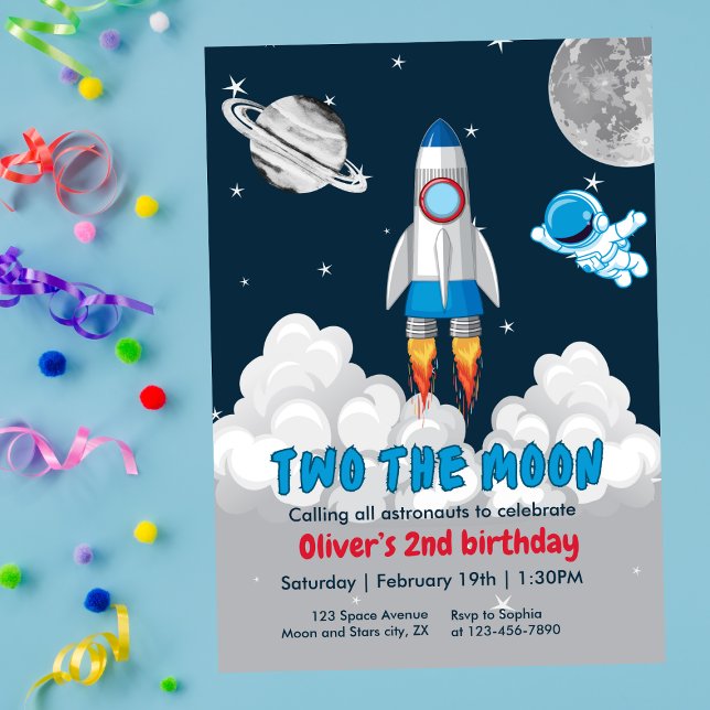 Convite Two The Moon Boy Space Rocket 2nd Birthday  (Criador carregado)