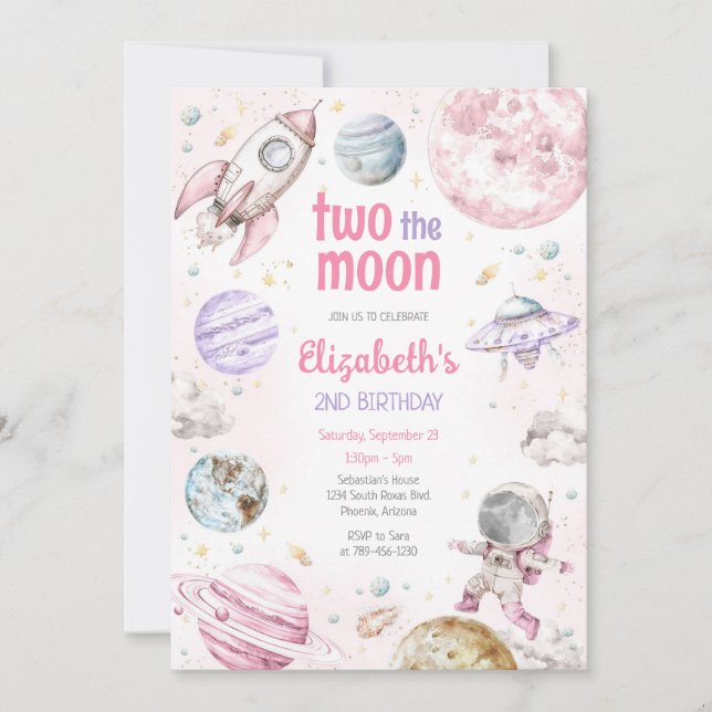 Convite Two The Moon Outer Space Astronaut 2nd Birthday (Frente)