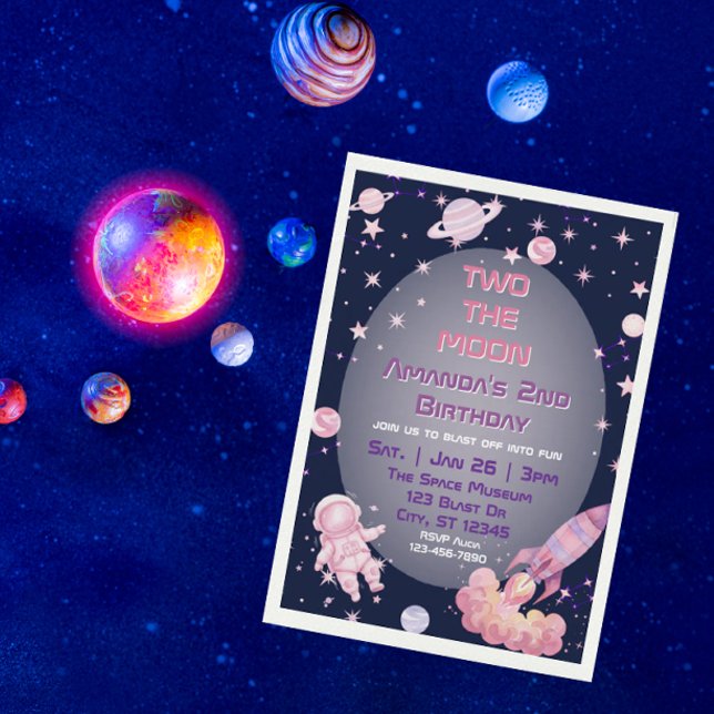 Convite Two The Moon, Pink Purple Space 2nd Birthday  (Criador carregado)
