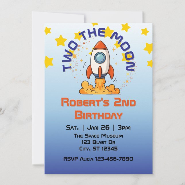 Convite Two The Moon, Rocket 2nd Birthday Invitation (Frente)
