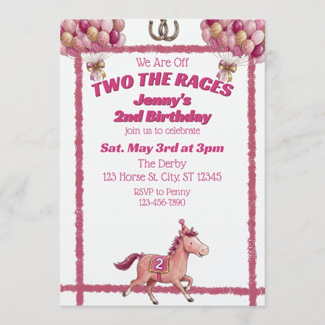 Convite Two The Races, Pink Horse 2nd Birthday (Frente)