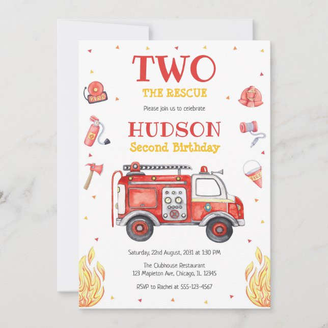 Convite Two the Rescue Firetruck 2nd Birthday Invitation (Frente)