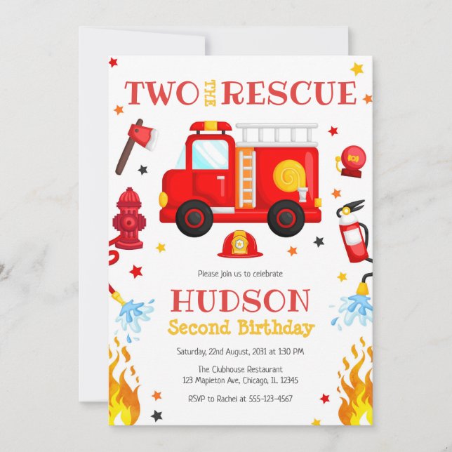 Convite Two the Rescue Firetruck 2nd Birthday Invitation (Frente)
