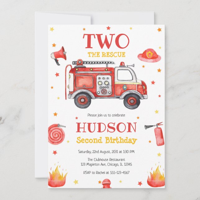 Convite Two the Rescue Firetruck 2nd Birthday Invitation (Frente)