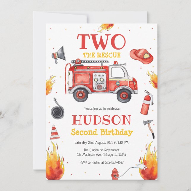 Convite Two the Rescue Firetruck 2nd Birthday Invitation (Frente)