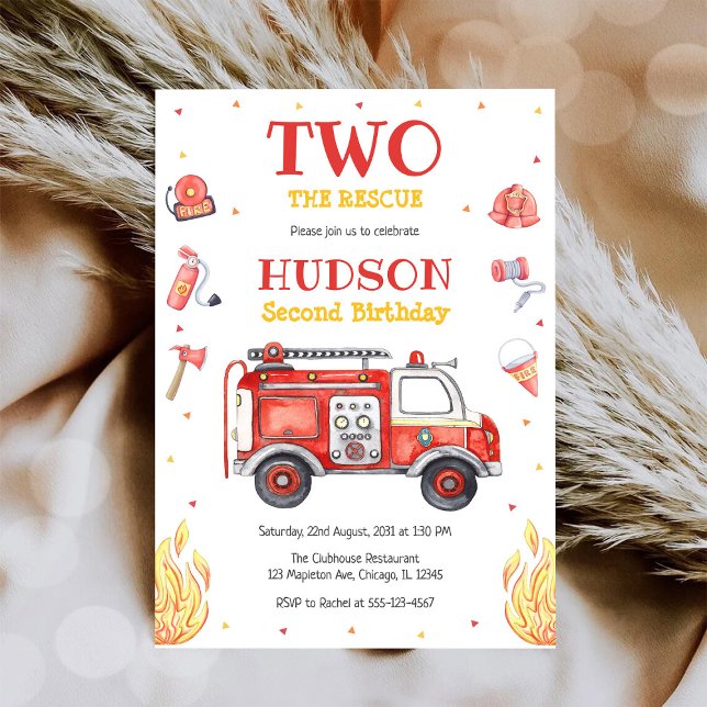 Convite Two the Rescue Firetruck 2nd Birthday Invitation (Criador carregado)