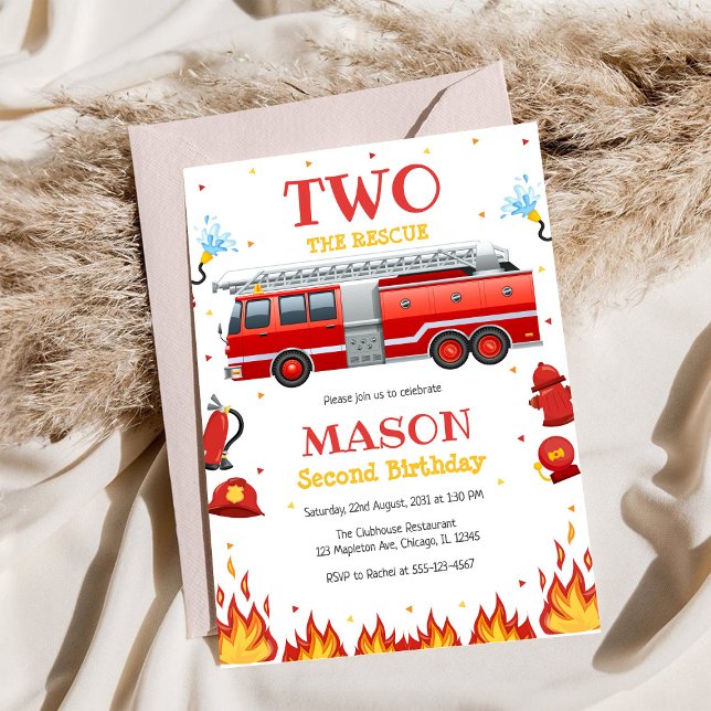 Convite Two the Rescue Firetruck 2nd Birthday Invitation (Criador carregado)