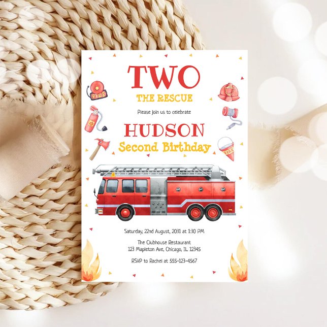 Convite Two the Rescue Firetruck 2nd Birthday Invitation (Criador carregado)