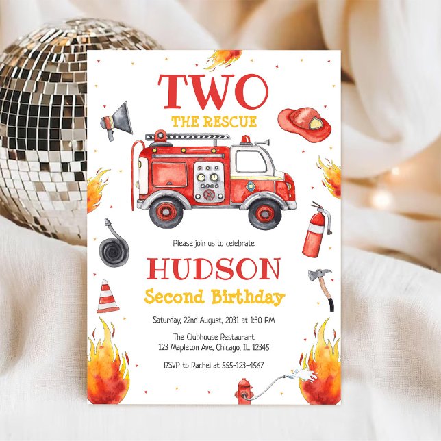 Convite Two the Rescue Firetruck 2nd Birthday Invitation (Criador carregado)