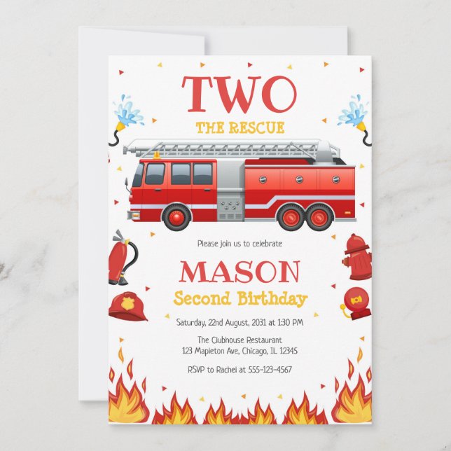 Convite Two the Rescue Firetruck 2nd Birthday Invitation (Frente)