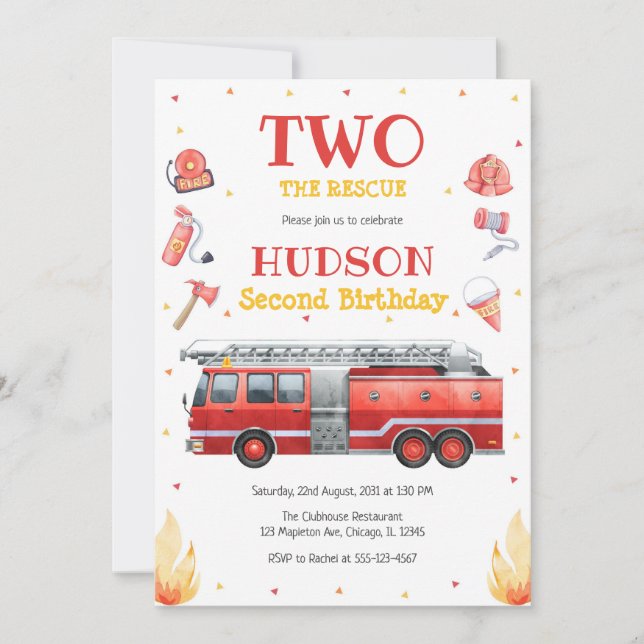 Convite Two the Rescue Firetruck 2nd Birthday Invitation (Frente)