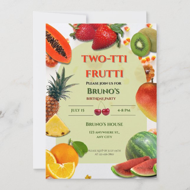 Convite Two-tti Frutti | Aniversário com Tema de Frutas (Frente)