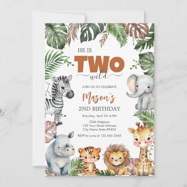 Convite Two Wild Party Animals Kids 2nd Birthday (Frente)