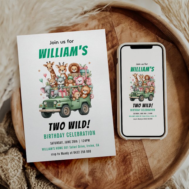 Convite Two Wild Safari Animal 2nd Birthday Party (Two Wild Safari Animal 2nd Birthday Party Invitation
)