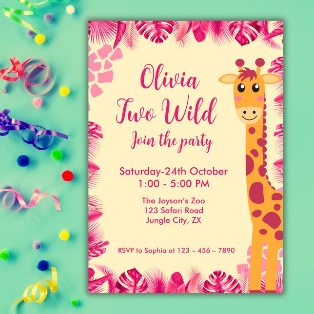 Convite Two Wild Safari Animals  Giraf Girl Pink 2nd Bday (Criador carregado)