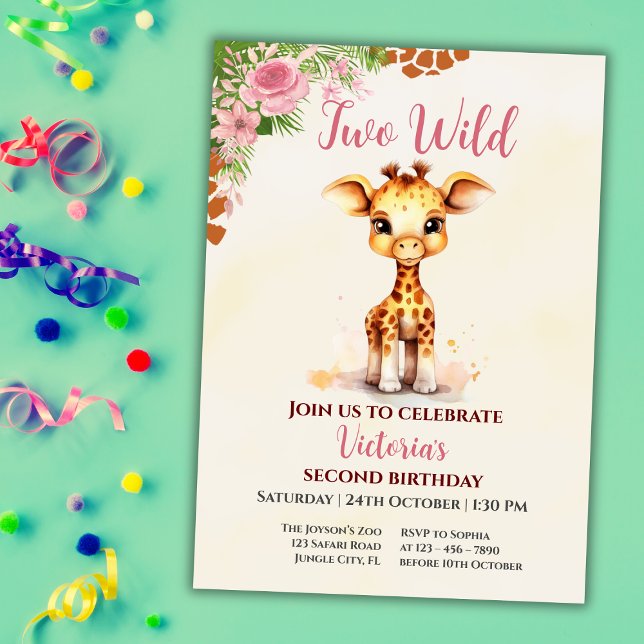 Convite Two Wild Safari Cute Giraf Girl 2nd Birthday (Criador carregado)
