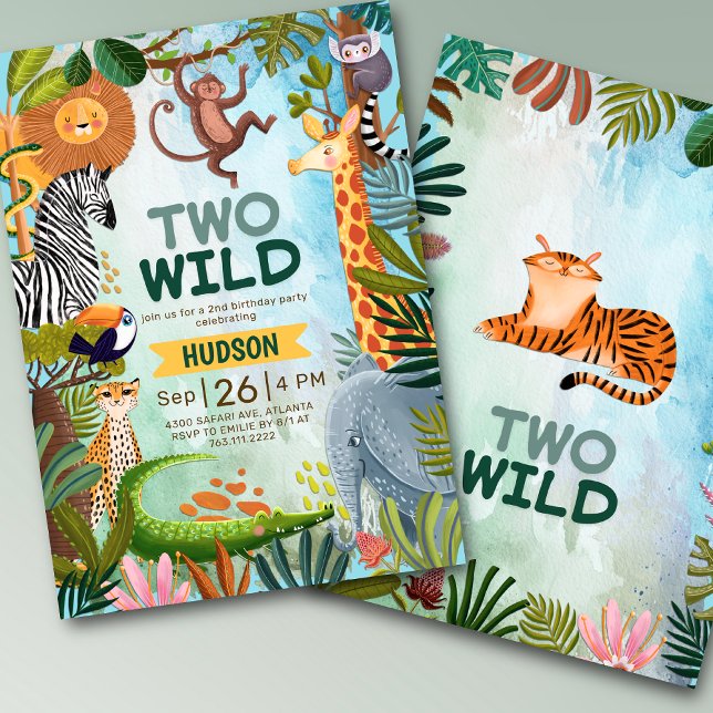 Convite Two Wild safari jungle animals boy birthday (Criador carregado)