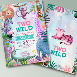 Convite Two Wild safari jungle animals Girl birthday